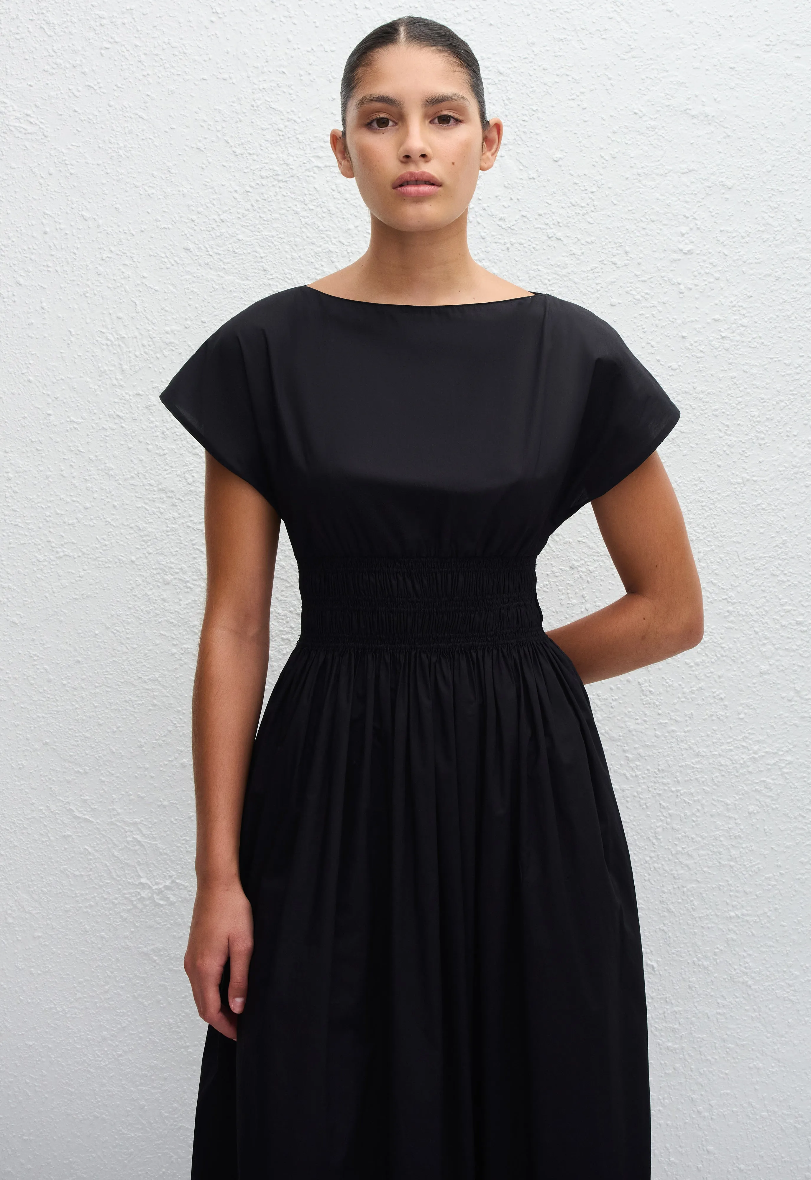 Shirred Waist Midi Dress - Black