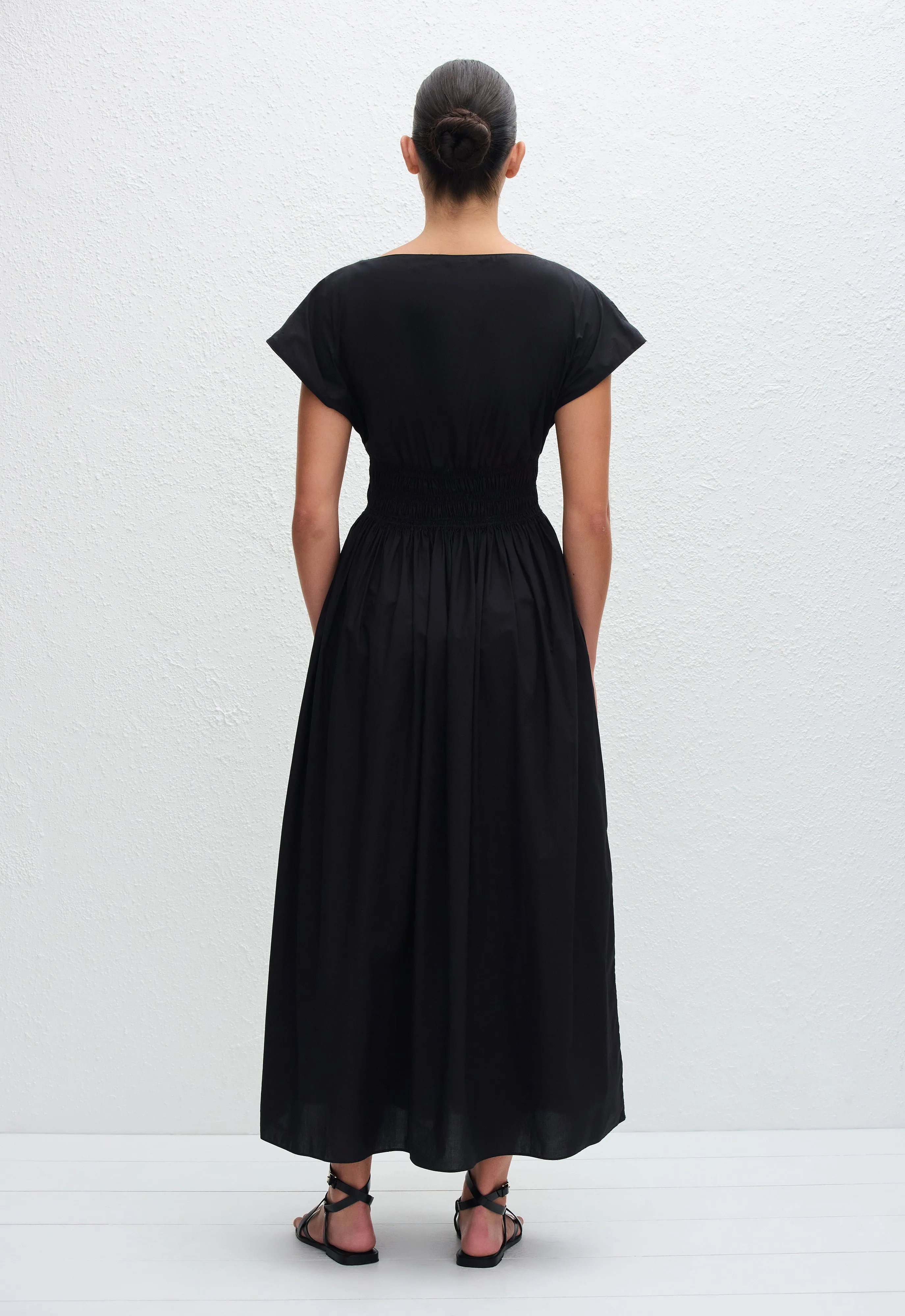 Shirred Waist Midi Dress - Black