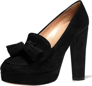 SHODENSE Women Vintage Chunky Platform Loafers Pumps Tassel Round Closed Toe Slip On Suede Block High Heel Dress Loafer Shoes Buckle Strap Oxford Loafers Fringe Pump Dressy Chic Sexy Y2k 4-11 M US