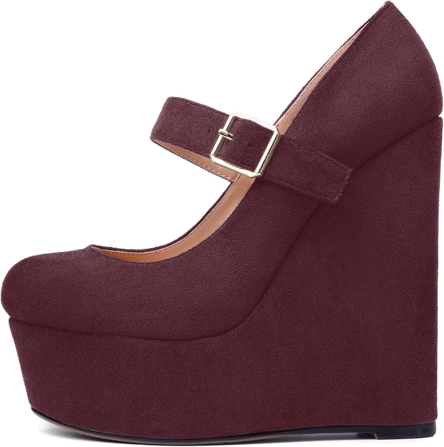 SHOWFOREST Womens Sexy Wedding Platform Suede Buckle Adjustable Strap Solid Round Toe Wedge High Heel Pumps Shoes 6 Inch