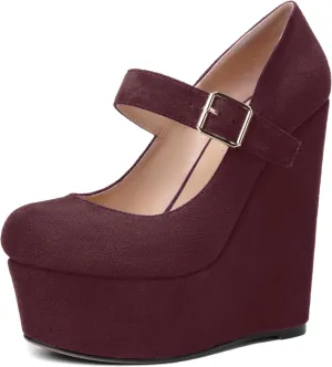 SHOWFOREST Womens Sexy Wedding Platform Suede Buckle Adjustable Strap Solid Round Toe Wedge High Heel Pumps Shoes 6 Inch