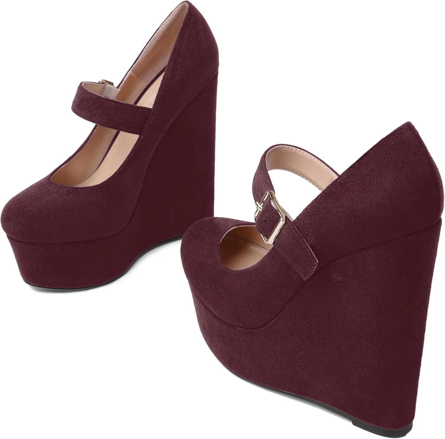 SHOWFOREST Womens Sexy Wedding Platform Suede Buckle Adjustable Strap Solid Round Toe Wedge High Heel Pumps Shoes 6 Inch