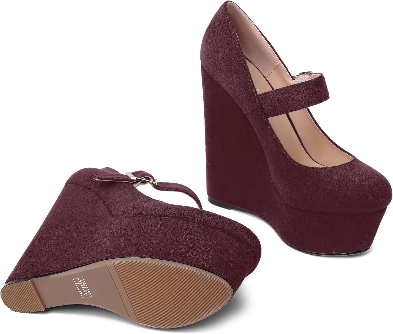SHOWFOREST Womens Sexy Wedding Platform Suede Buckle Adjustable Strap Solid Round Toe Wedge High Heel Pumps Shoes 6 Inch
