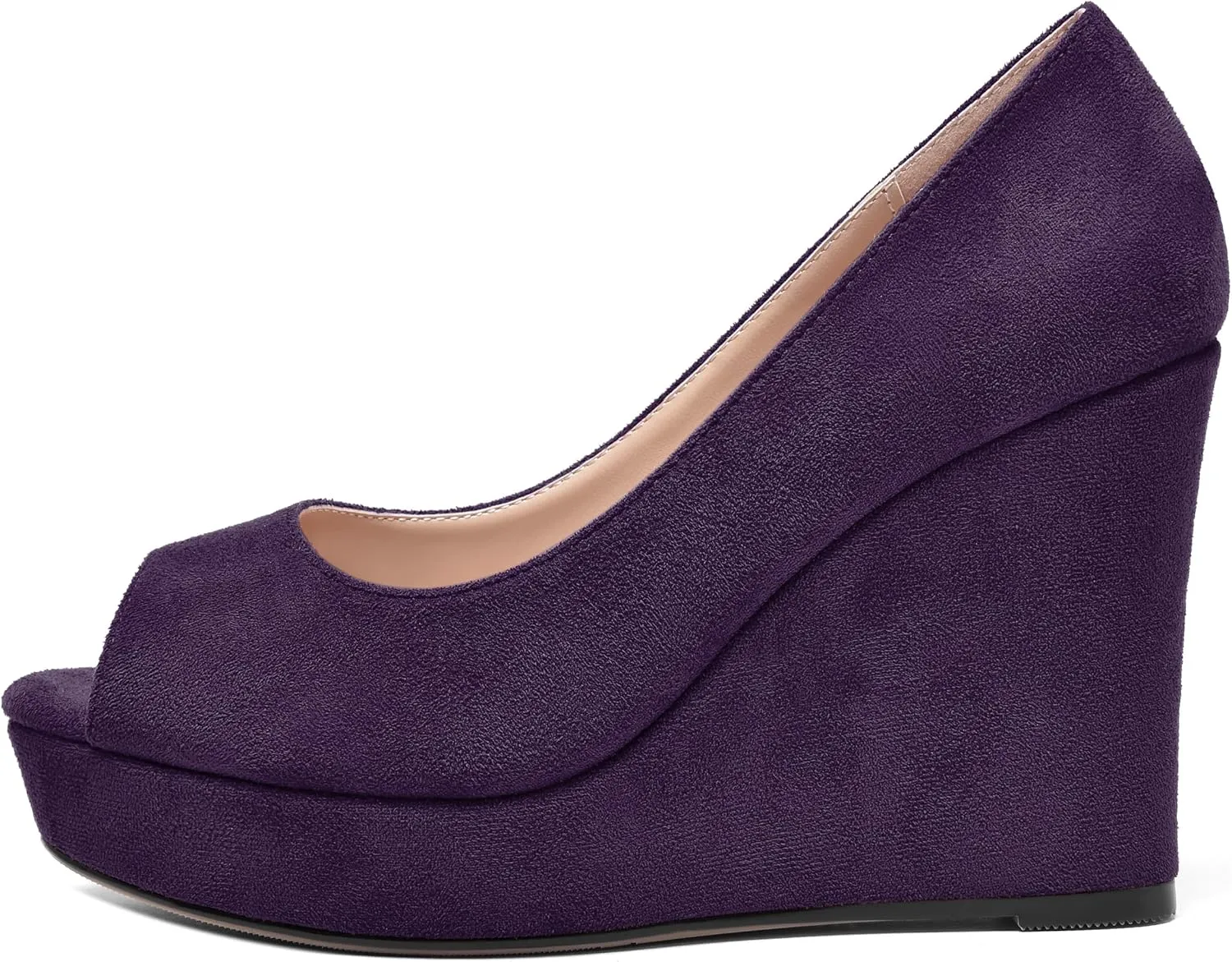 SHOWFOREST Womens Slip On Suede Dating Solid Peep Toe Sexy Wedge High Heel Pumps Shoes 4 Inch