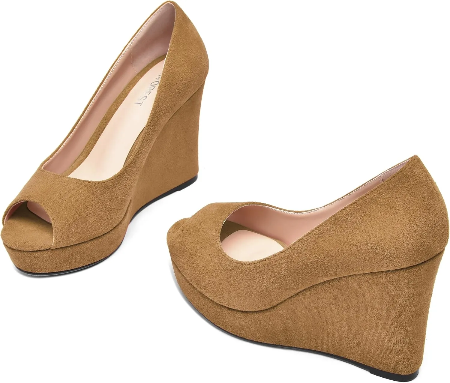 SHOWFOREST Womens Slip On Suede Dating Solid Peep Toe Sexy Wedge High Heel Pumps Shoes 4 Inch