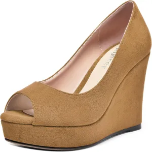 SHOWFOREST Womens Slip On Suede Dating Solid Peep Toe Sexy Wedge High Heel Pumps Shoes 4 Inch