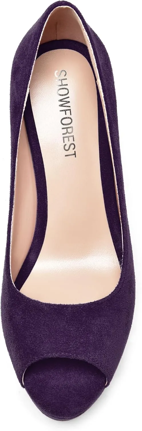 SHOWFOREST Womens Slip On Suede Dating Solid Peep Toe Sexy Wedge High Heel Pumps Shoes 4 Inch