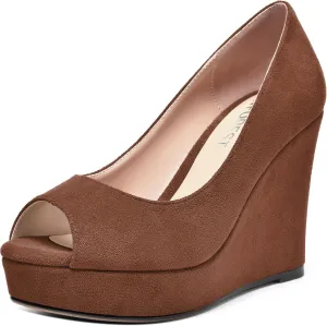 SHOWFOREST Womens Slip On Suede Dating Solid Peep Toe Sexy Wedge High Heel Pumps Shoes 4 Inch