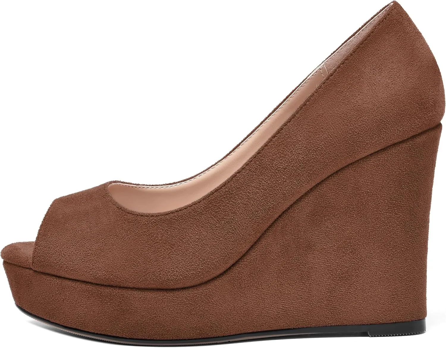 SHOWFOREST Womens Slip On Suede Dating Solid Peep Toe Sexy Wedge High Heel Pumps Shoes 4 Inch