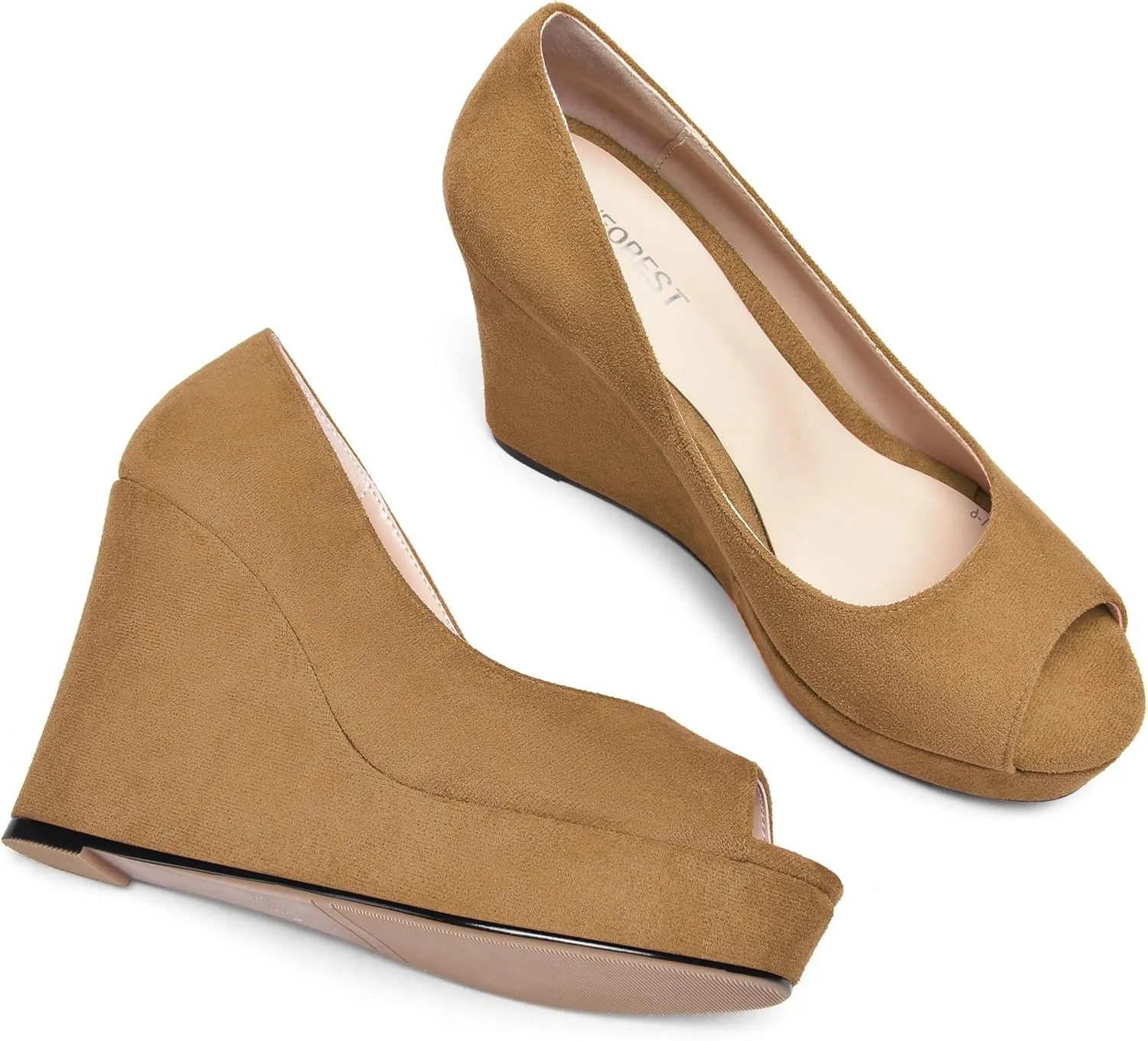 SHOWFOREST Womens Slip On Suede Dating Solid Peep Toe Sexy Wedge High Heel Pumps Shoes 4 Inch