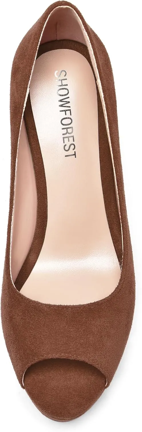 SHOWFOREST Womens Slip On Suede Dating Solid Peep Toe Sexy Wedge High Heel Pumps Shoes 4 Inch