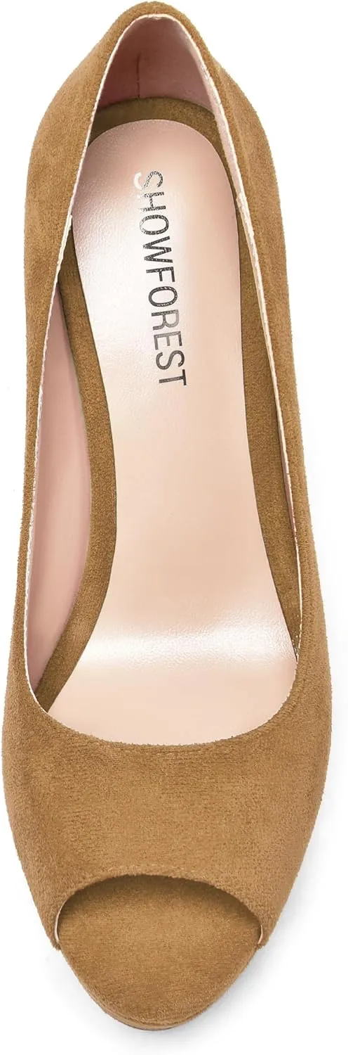 SHOWFOREST Womens Slip On Suede Dating Solid Peep Toe Sexy Wedge High Heel Pumps Shoes 4 Inch