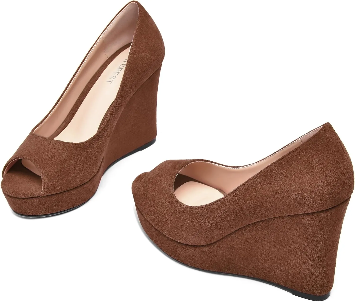 SHOWFOREST Womens Slip On Suede Dating Solid Peep Toe Sexy Wedge High Heel Pumps Shoes 4 Inch
