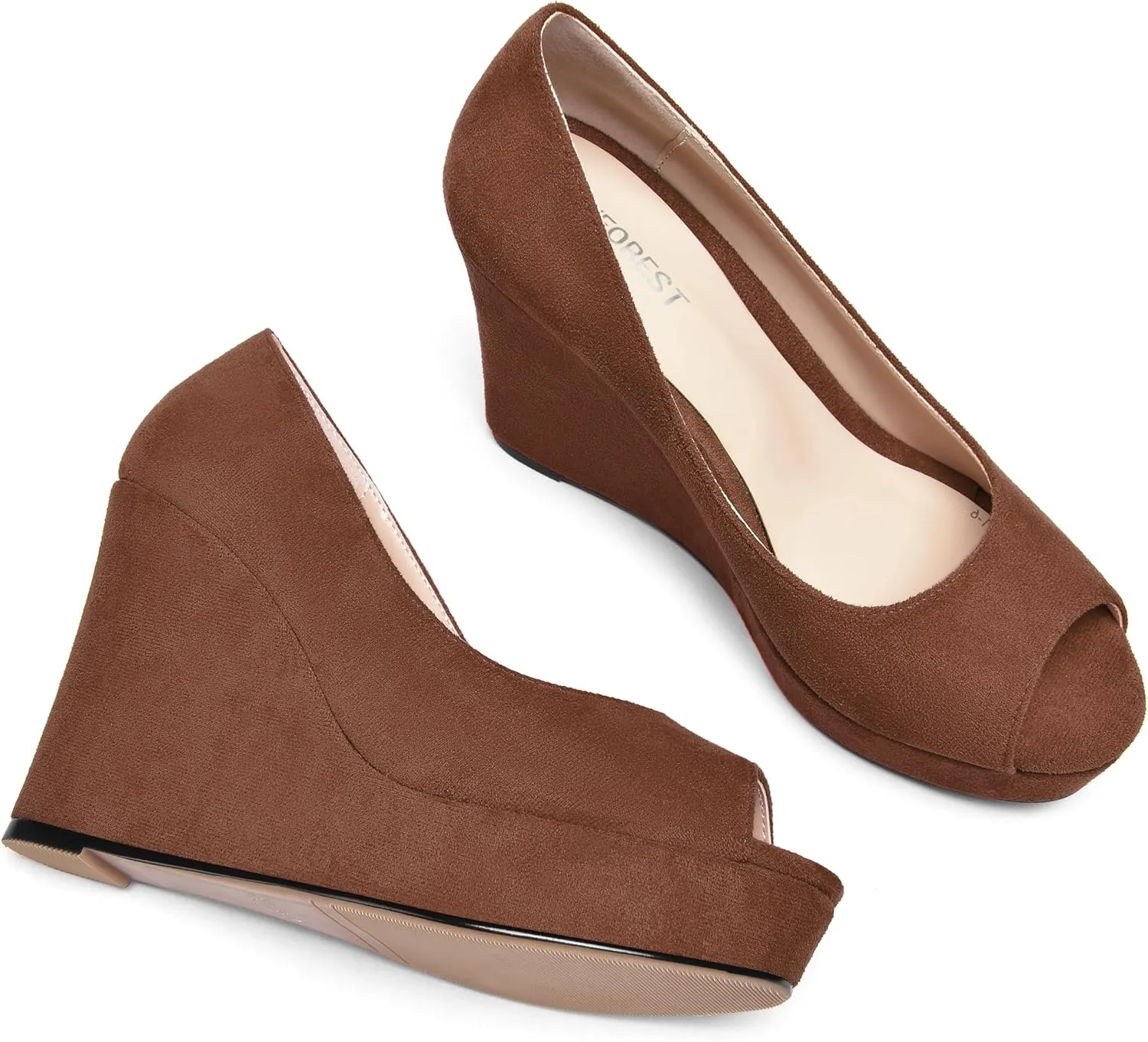 SHOWFOREST Womens Slip On Suede Dating Solid Peep Toe Sexy Wedge High Heel Pumps Shoes 4 Inch
