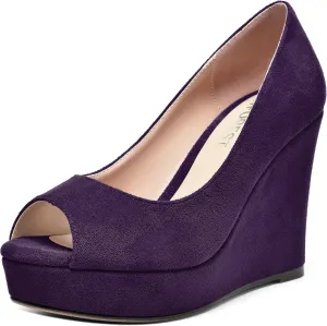 SHOWFOREST Womens Slip On Suede Dating Solid Peep Toe Sexy Wedge High Heel Pumps Shoes 4 Inch
