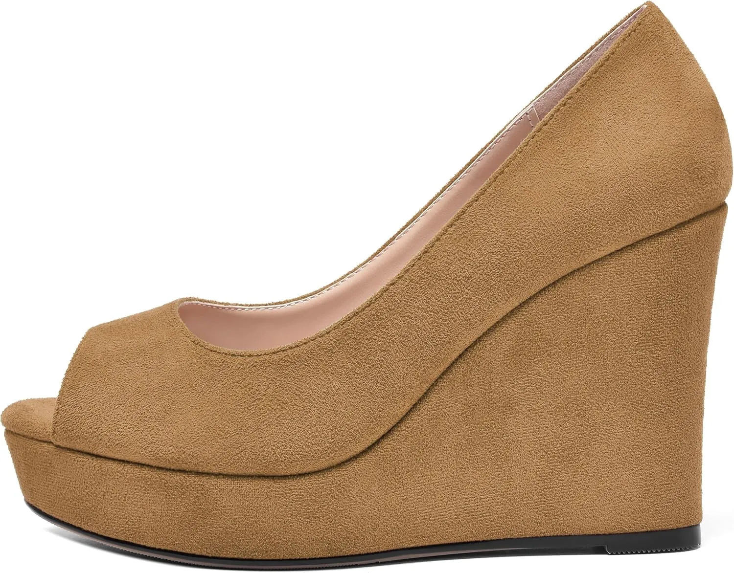 SHOWFOREST Womens Slip On Suede Dating Solid Peep Toe Sexy Wedge High Heel Pumps Shoes 4 Inch