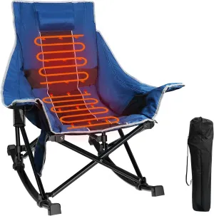 Slendor Oversized Rocking Camping Chair, XL Heated Camping Chair w/ 3 Levels Heat for Back Seat, Padded Rocking Heated Chair, Portable Lawn Recliner with Pillow, Side Pocket, Carry Bag, Blue Black