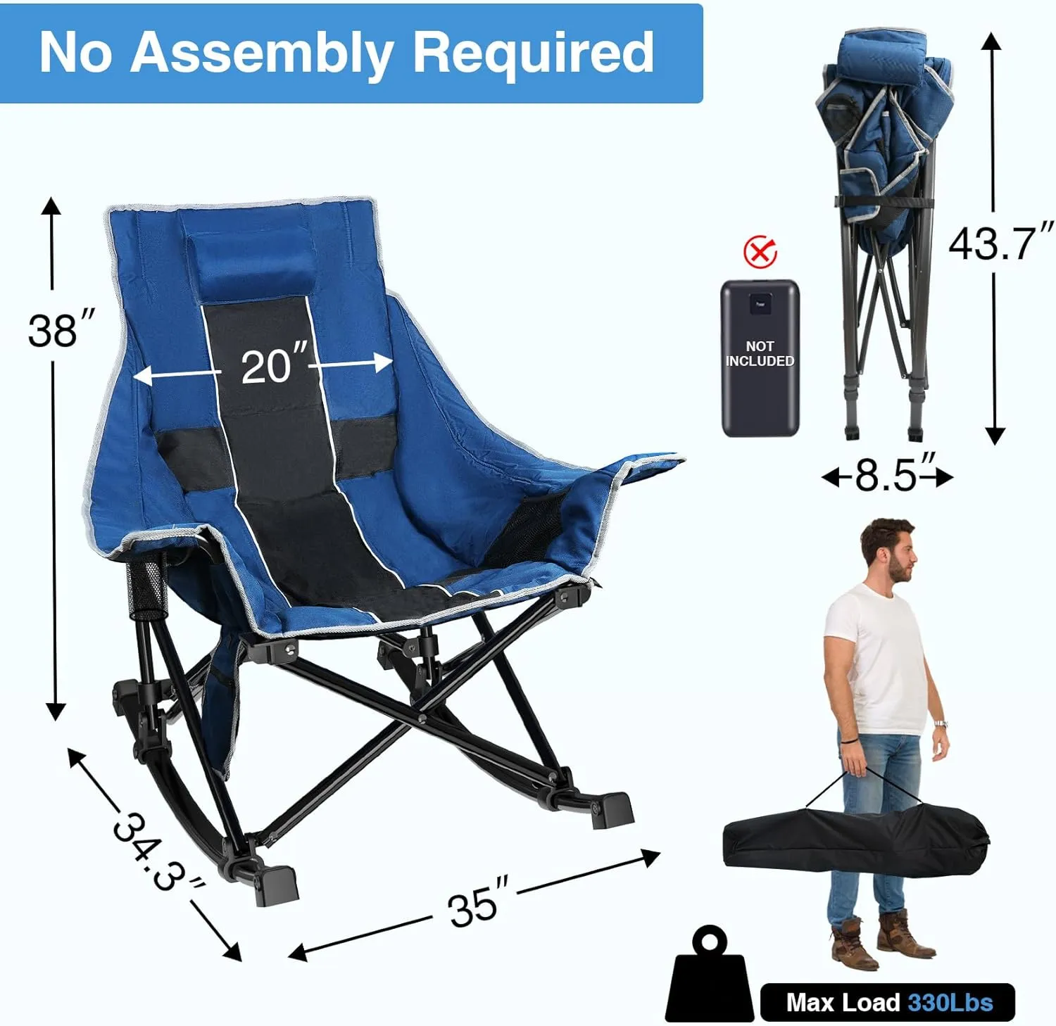 Slendor Oversized Rocking Camping Chair, XL Heated Camping Chair w/ 3 Levels Heat for Back Seat, Padded Rocking Heated Chair, Portable Lawn Recliner with Pillow, Side Pocket, Carry Bag, Blue Black