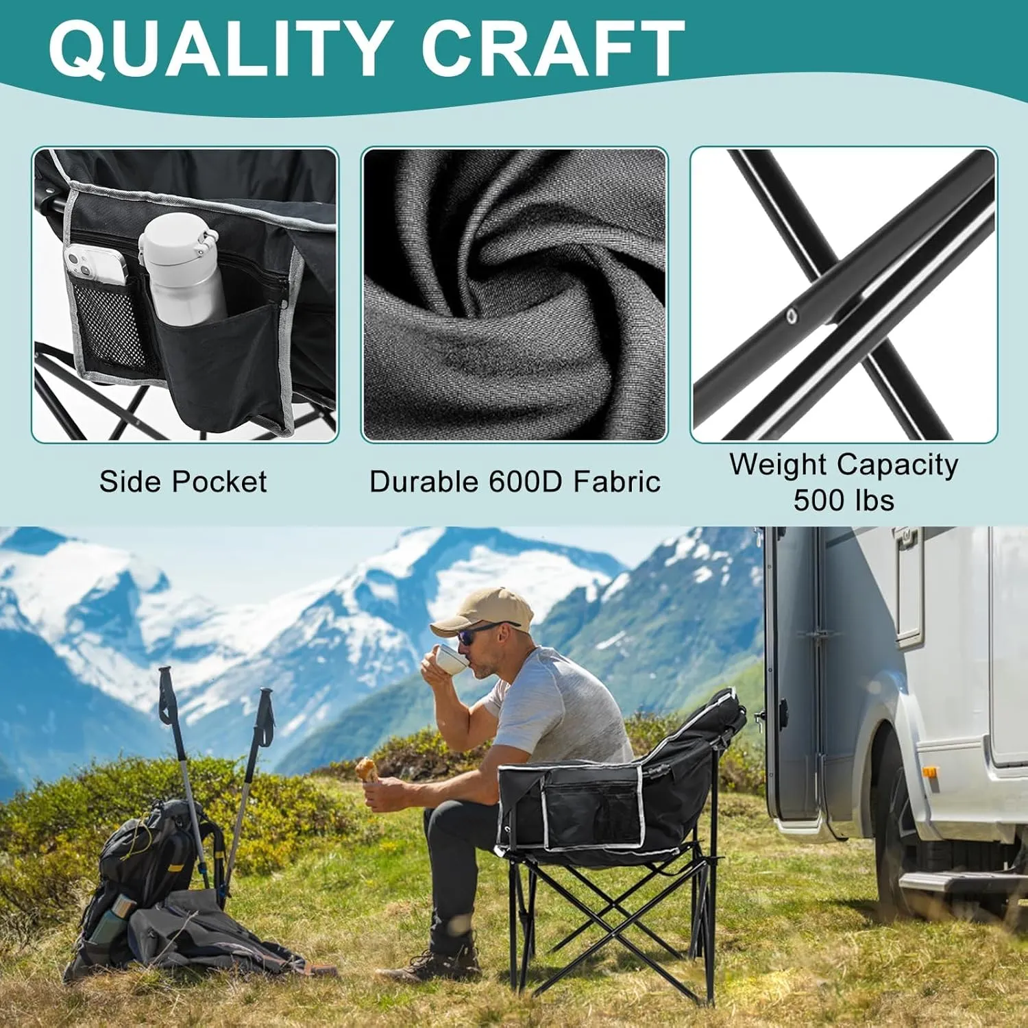Slsy Heated Camping Chair Oversized, Outdoor Portable Heated Folding Chairs, Heated Foldable Chair Seat Supports 500 lbs, Heating Chair for Outdoor Sports, Camping, Patio, and Picnics