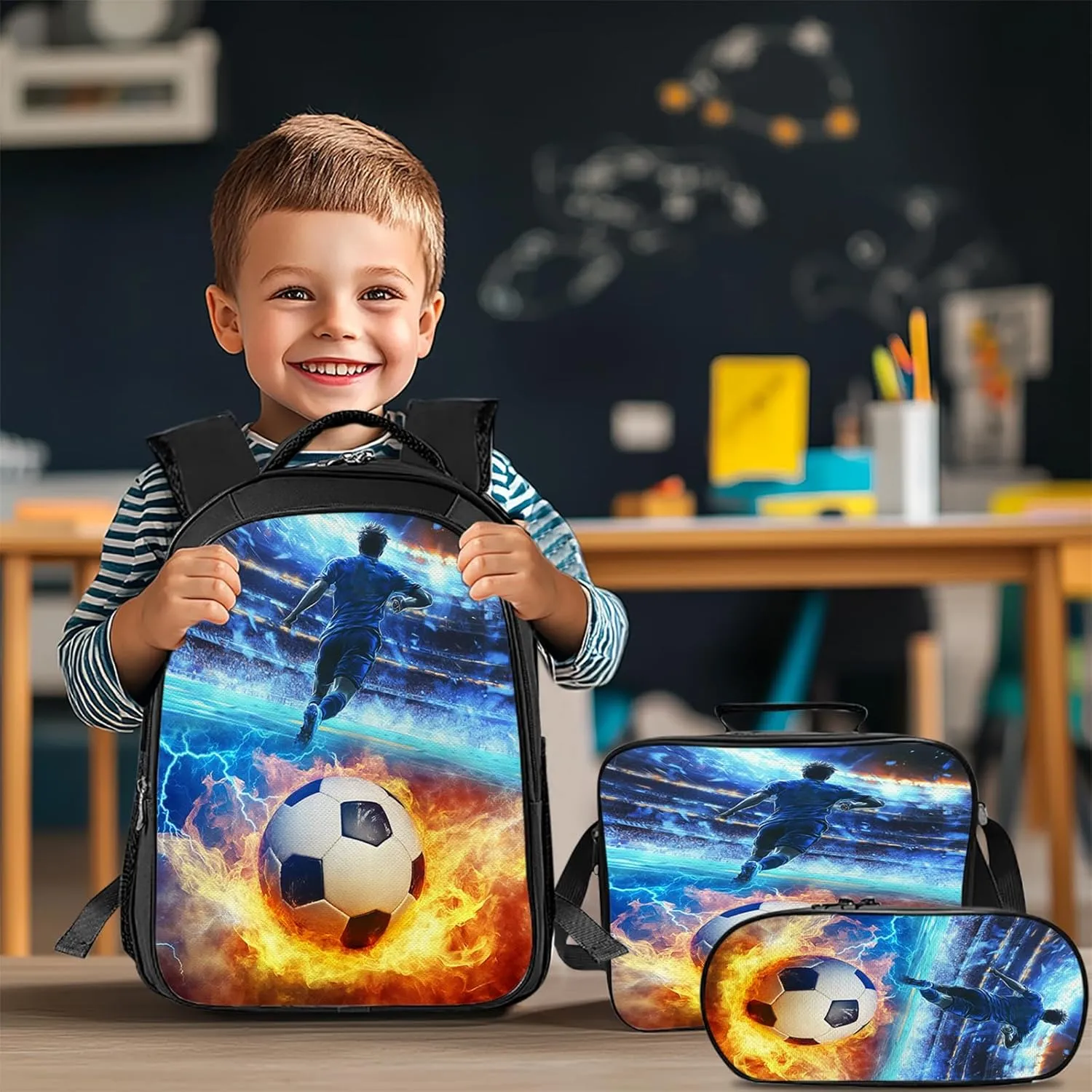 Soccer Backpack Set for Boys Girls 3PCS Sports Balls School Bag with Lunch Box Pencil Case Kids Backpacks Toddler Elementary Bookbag 16 Inch