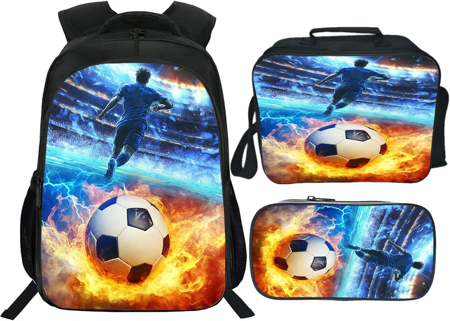 Soccer Backpack Set for Boys Girls 3PCS Sports Balls School Bag with Lunch Box Pencil Case Kids Backpacks Toddler Elementary Bookbag 16 Inch