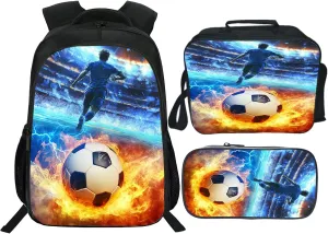 Soccer Backpack Set for Boys Girls 3PCS Sports Balls School Bag with Lunch Box Pencil Case Kids Backpacks Toddler Elementary Bookbag 16 Inch