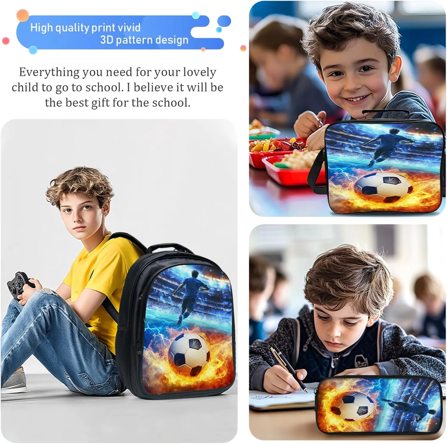 Soccer Backpack Set for Boys Girls 3PCS Sports Balls School Bag with Lunch Box Pencil Case Kids Backpacks Toddler Elementary Bookbag 16 Inch