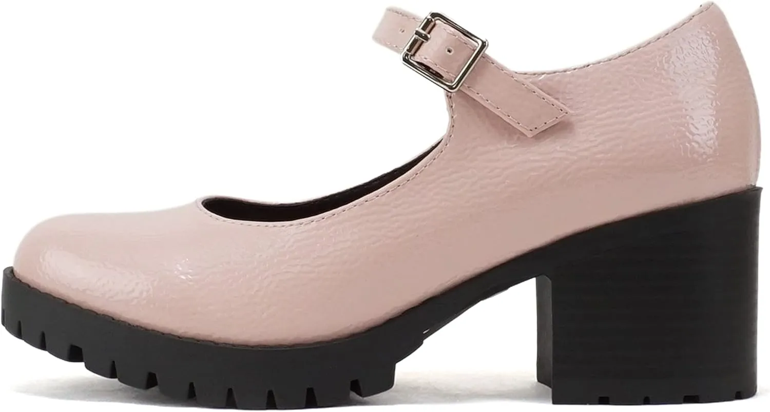 Soda “Boxer” ~ Women Mary Jane Round Toe Chunky Block Heel Lug Sole Pump with Adjustable Strap