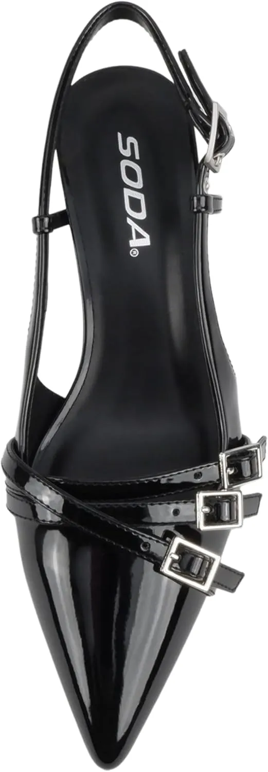 Soda Expo ~ Women Pointed Toe Multi-Strap Kitten Heel Dress Pumps