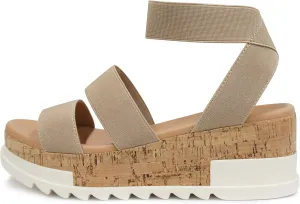 Soda Style Madyson ~ Slip On Open Toe Two Bands Elastic Ankle Strap Flatform Wedge Casual Fashion Sandal with Cork Wrap Bottom