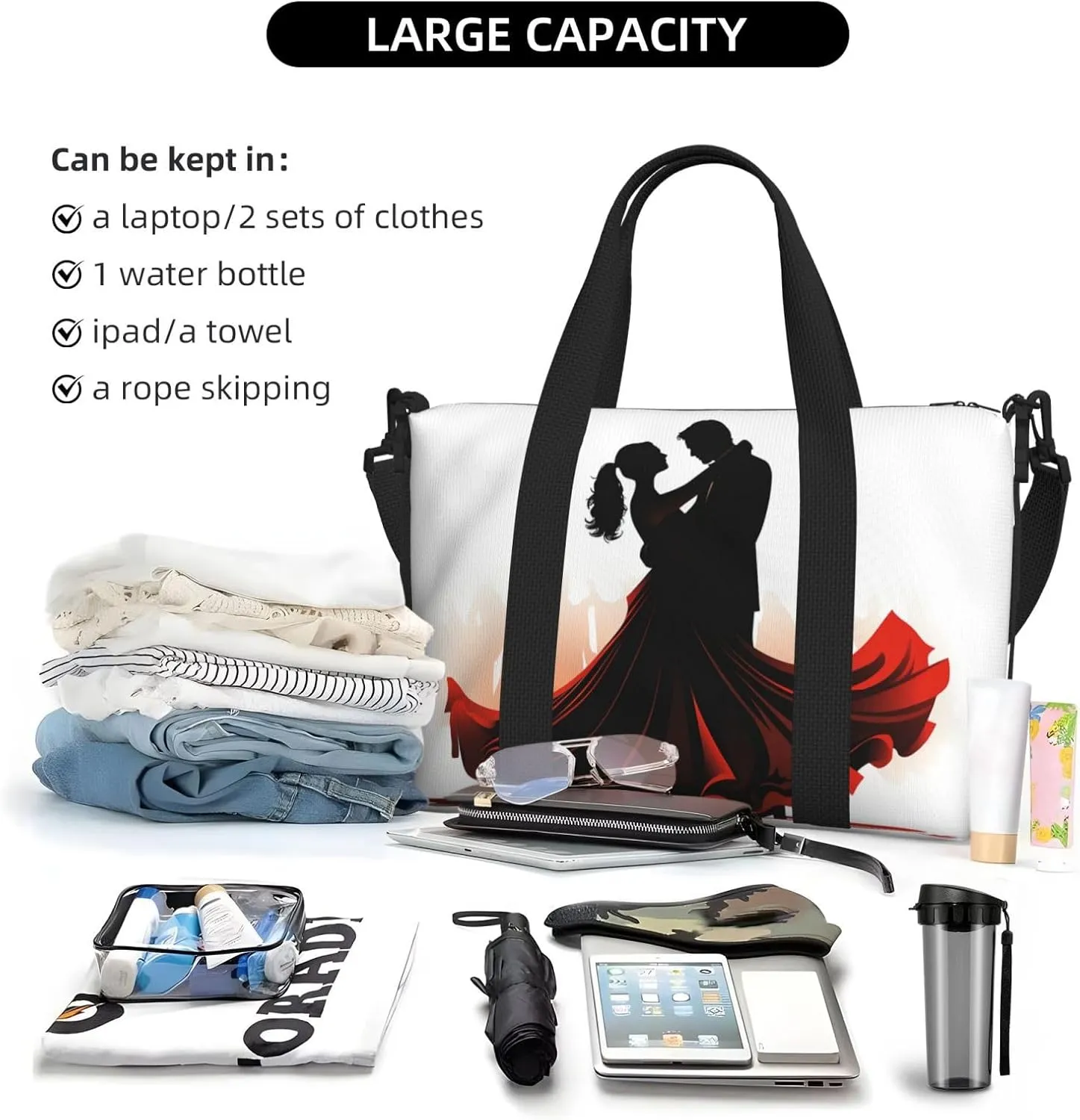 Sports Gym Bag for Women Men Travel Duffel Bag Tote Ballroom Dance Weekender Bag Canvas Carry on Overnight Bag for Travel Swimming Fitness Workout Sports Duffle Bag