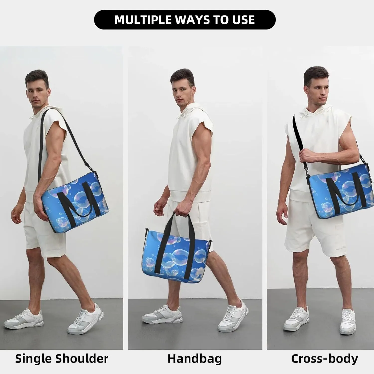 Sports Gym Bag for Women Men Travel Duffel Bag Tote bubbles blue sky Weekender Bag Canvas Carry on Overnight Bag for Travel Swimming Fitness Workout Sports Duffle Bag