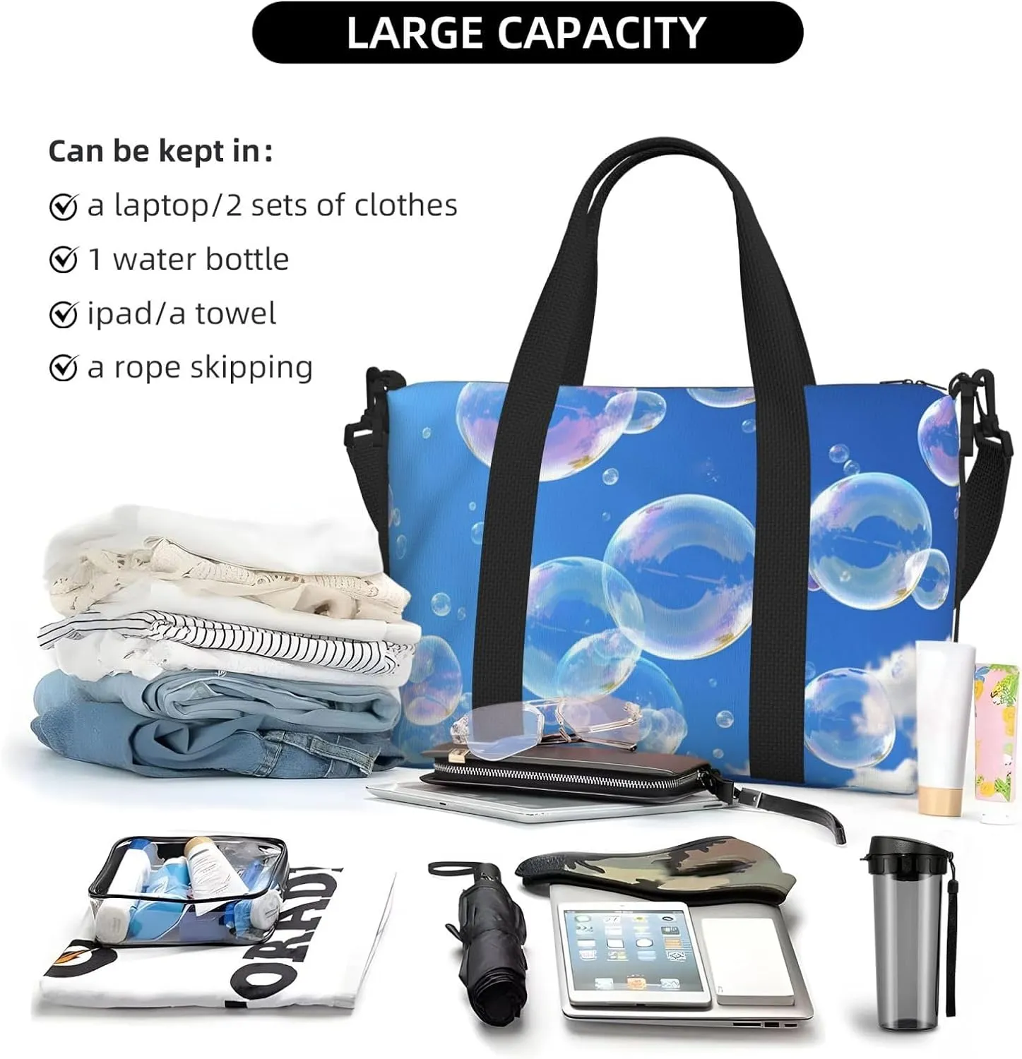 Sports Gym Bag for Women Men Travel Duffel Bag Tote bubbles blue sky Weekender Bag Canvas Carry on Overnight Bag for Travel Swimming Fitness Workout Sports Duffle Bag