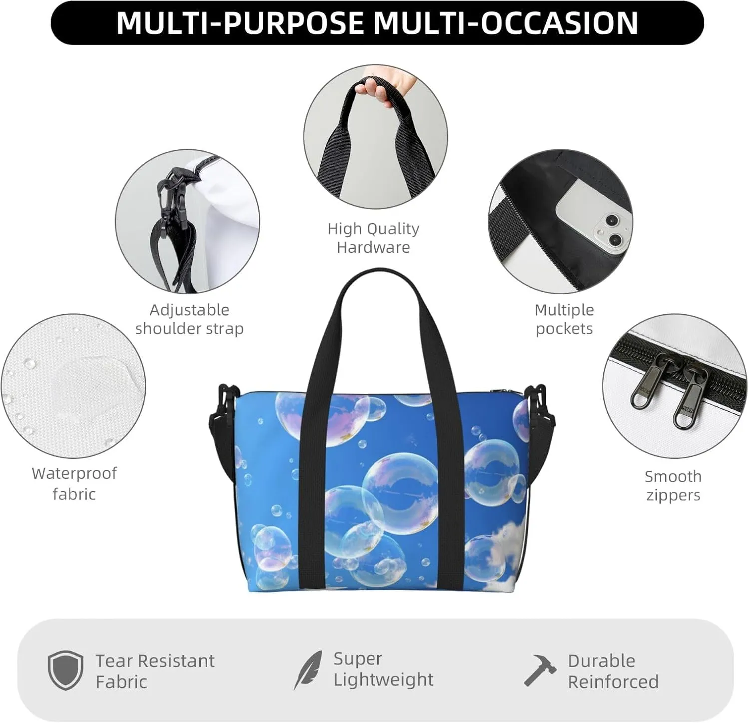 Sports Gym Bag for Women Men Travel Duffel Bag Tote bubbles blue sky Weekender Bag Canvas Carry on Overnight Bag for Travel Swimming Fitness Workout Sports Duffle Bag