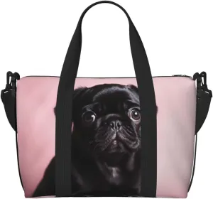 Sports Gym Bag for Women Men Travel Duffel Bag Tote Cute Black Pug Weekender Bag Canvas Carry on Overnight Bag for Travel Swimming Fitness Workout Sports Duffle Bag