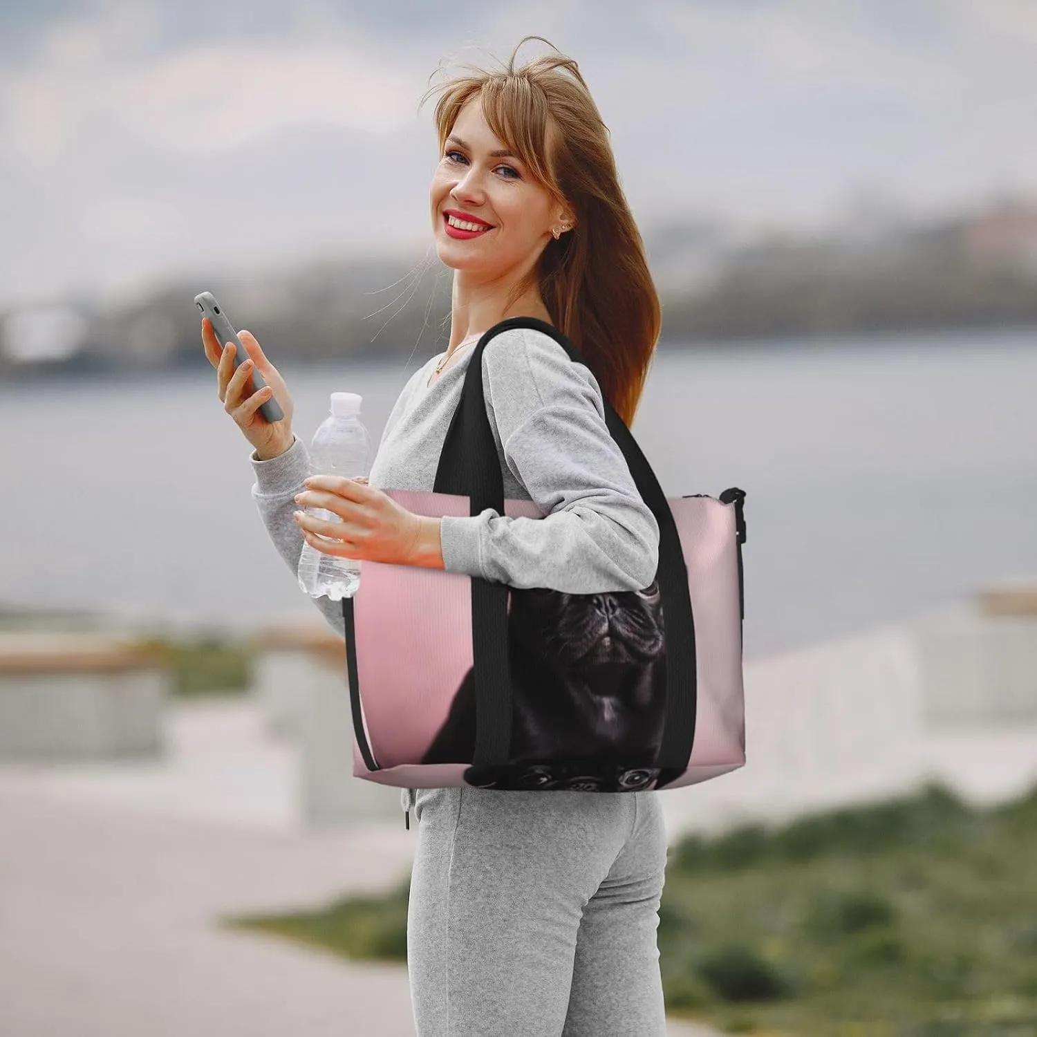 Sports Gym Bag for Women Men Travel Duffel Bag Tote Cute Black Pug Weekender Bag Canvas Carry on Overnight Bag for Travel Swimming Fitness Workout Sports Duffle Bag