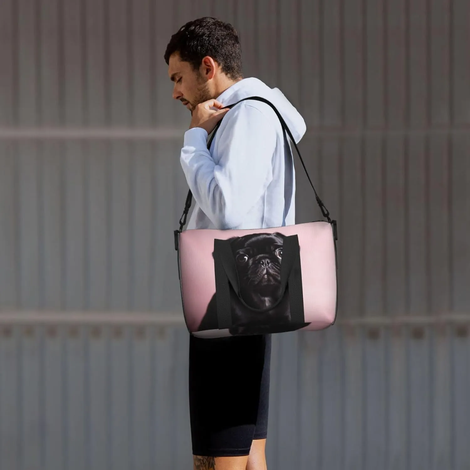 Sports Gym Bag for Women Men Travel Duffel Bag Tote Cute Black Pug Weekender Bag Canvas Carry on Overnight Bag for Travel Swimming Fitness Workout Sports Duffle Bag