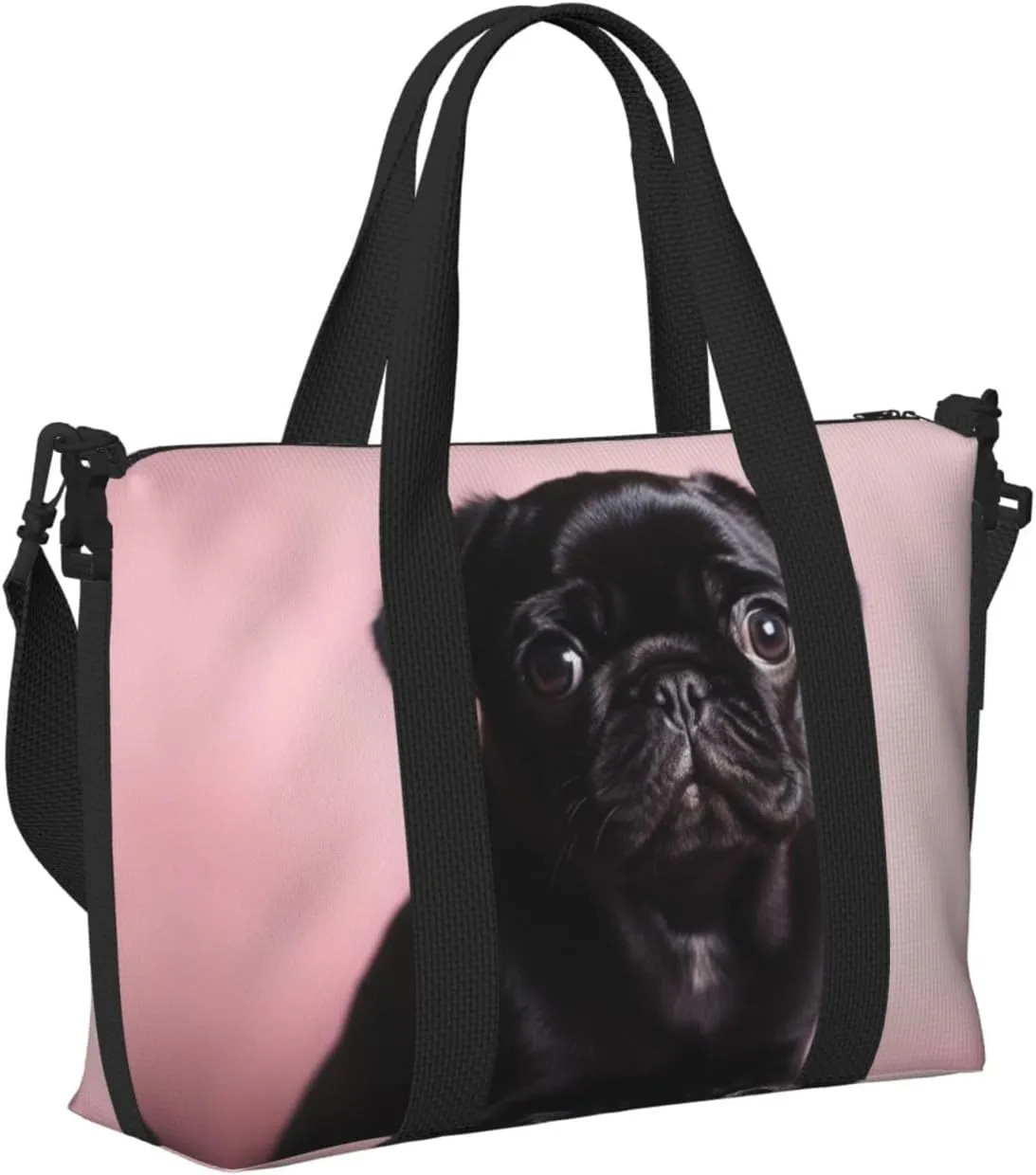 Sports Gym Bag for Women Men Travel Duffel Bag Tote Cute Black Pug Weekender Bag Canvas Carry on Overnight Bag for Travel Swimming Fitness Workout Sports Duffle Bag