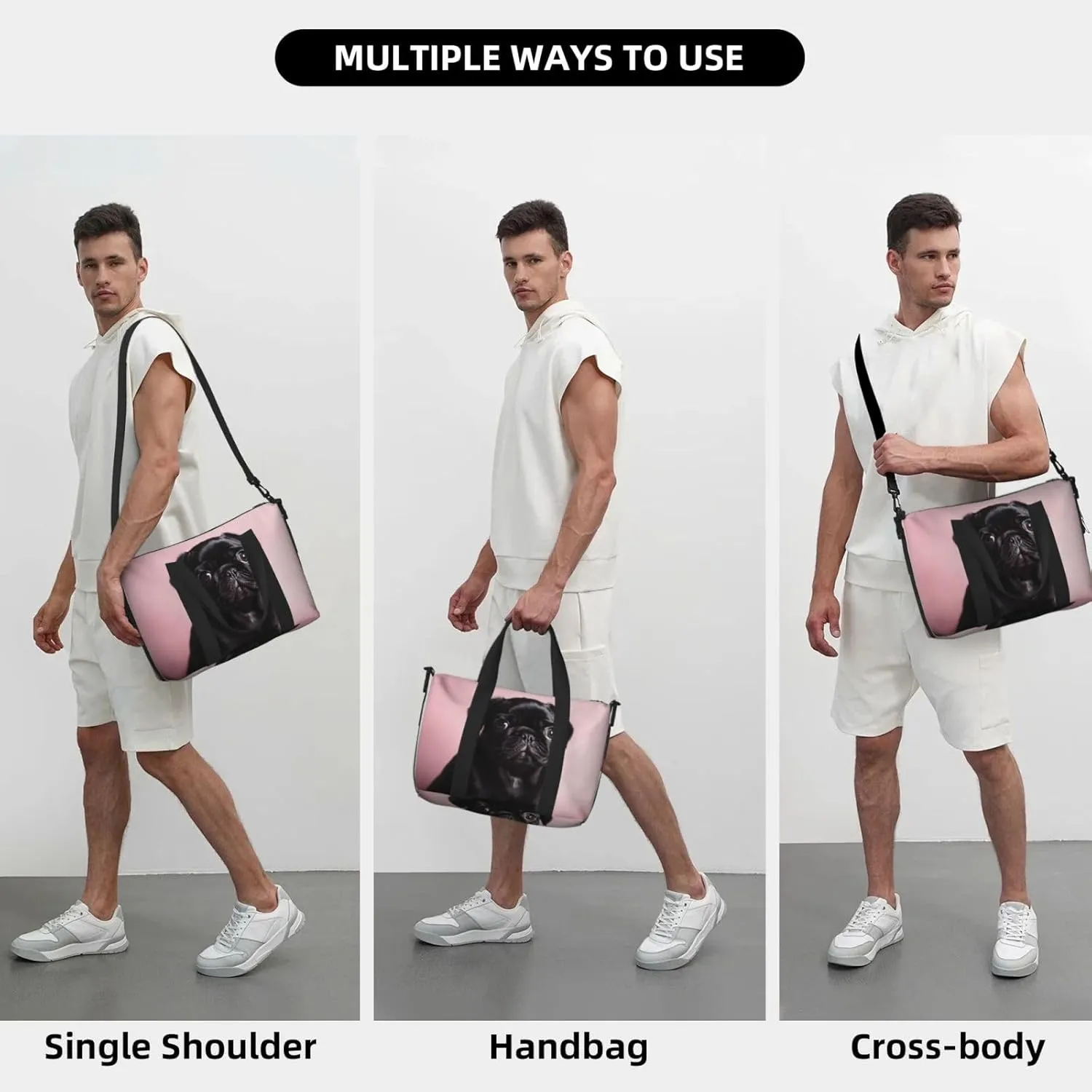 Sports Gym Bag for Women Men Travel Duffel Bag Tote Cute Black Pug Weekender Bag Canvas Carry on Overnight Bag for Travel Swimming Fitness Workout Sports Duffle Bag