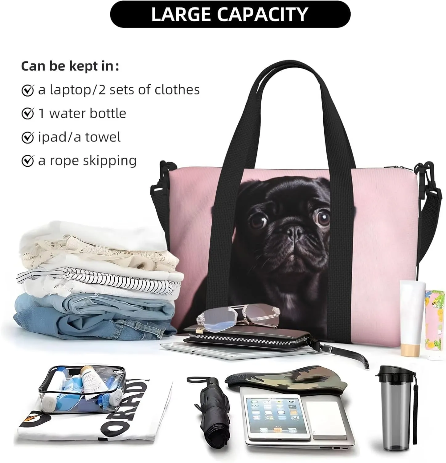 Sports Gym Bag for Women Men Travel Duffel Bag Tote Cute Black Pug Weekender Bag Canvas Carry on Overnight Bag for Travel Swimming Fitness Workout Sports Duffle Bag