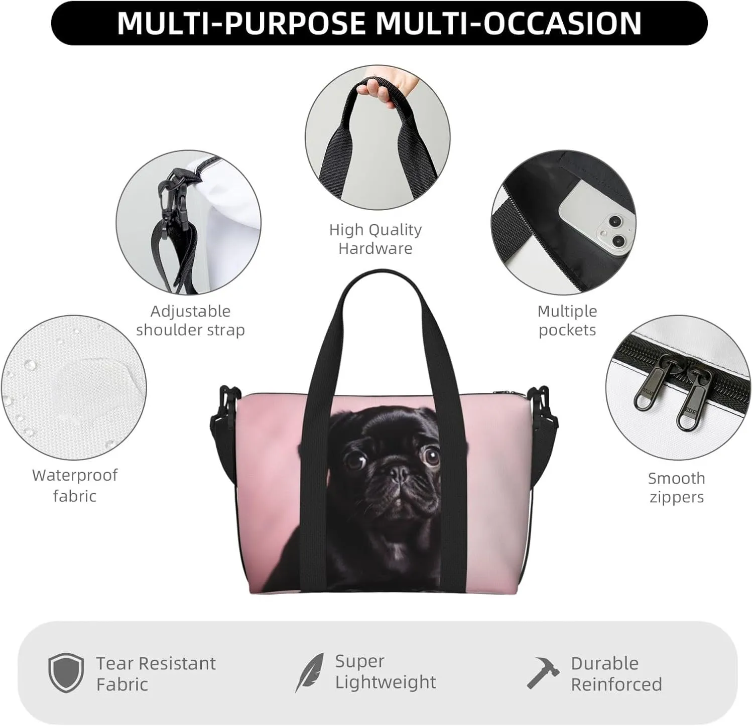 Sports Gym Bag for Women Men Travel Duffel Bag Tote Cute Black Pug Weekender Bag Canvas Carry on Overnight Bag for Travel Swimming Fitness Workout Sports Duffle Bag