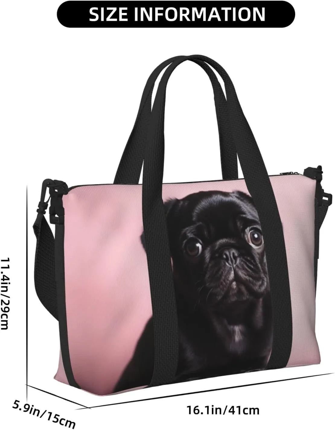 Sports Gym Bag for Women Men Travel Duffel Bag Tote Cute Black Pug Weekender Bag Canvas Carry on Overnight Bag for Travel Swimming Fitness Workout Sports Duffle Bag