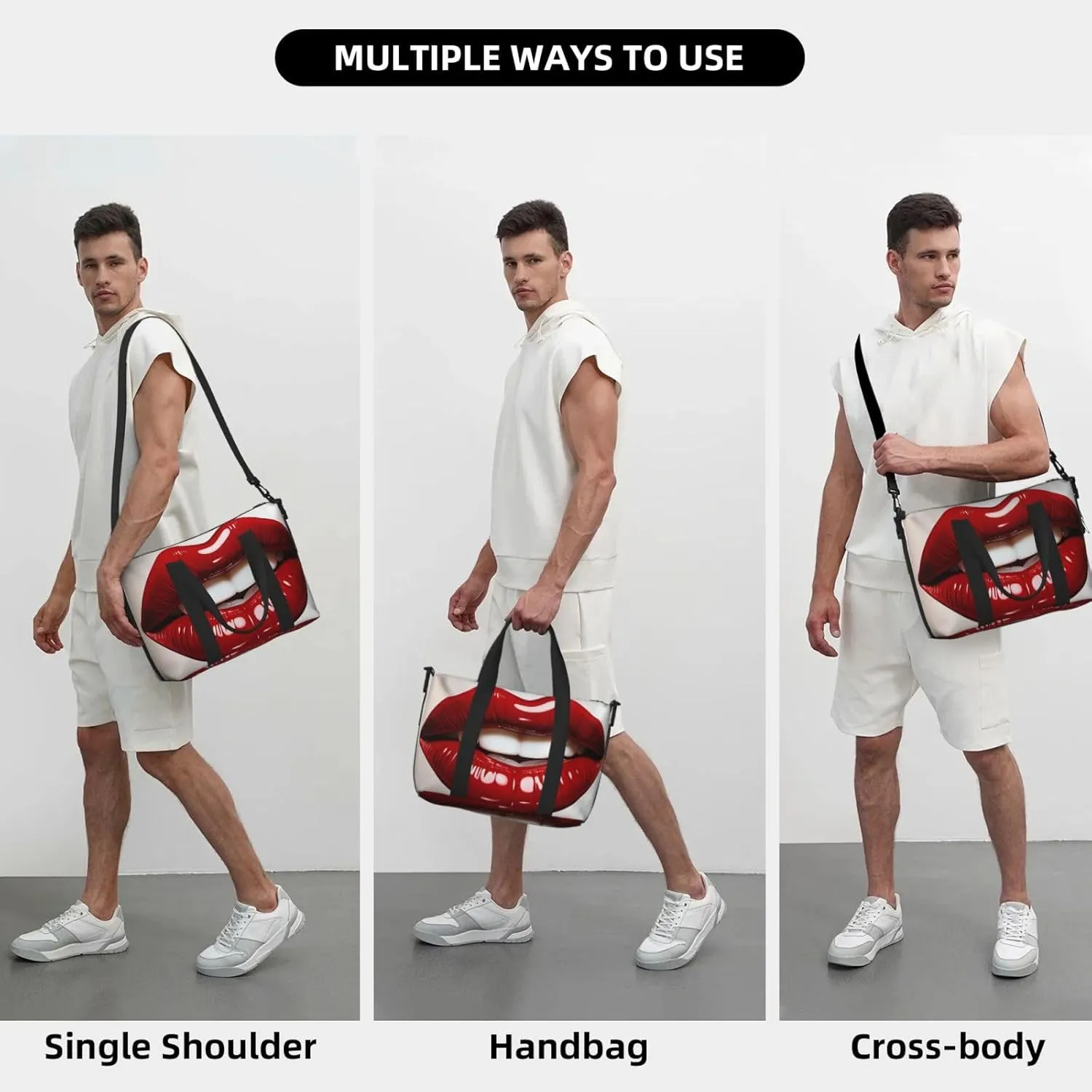 Sports Gym Bag for Women Men Travel Duffel Bag Tote Cute Graphic Red Lips Weekender Bag Canvas Carry on Overnight Bag for Travel Swimming Fitness Workout Sports Duffle Bag