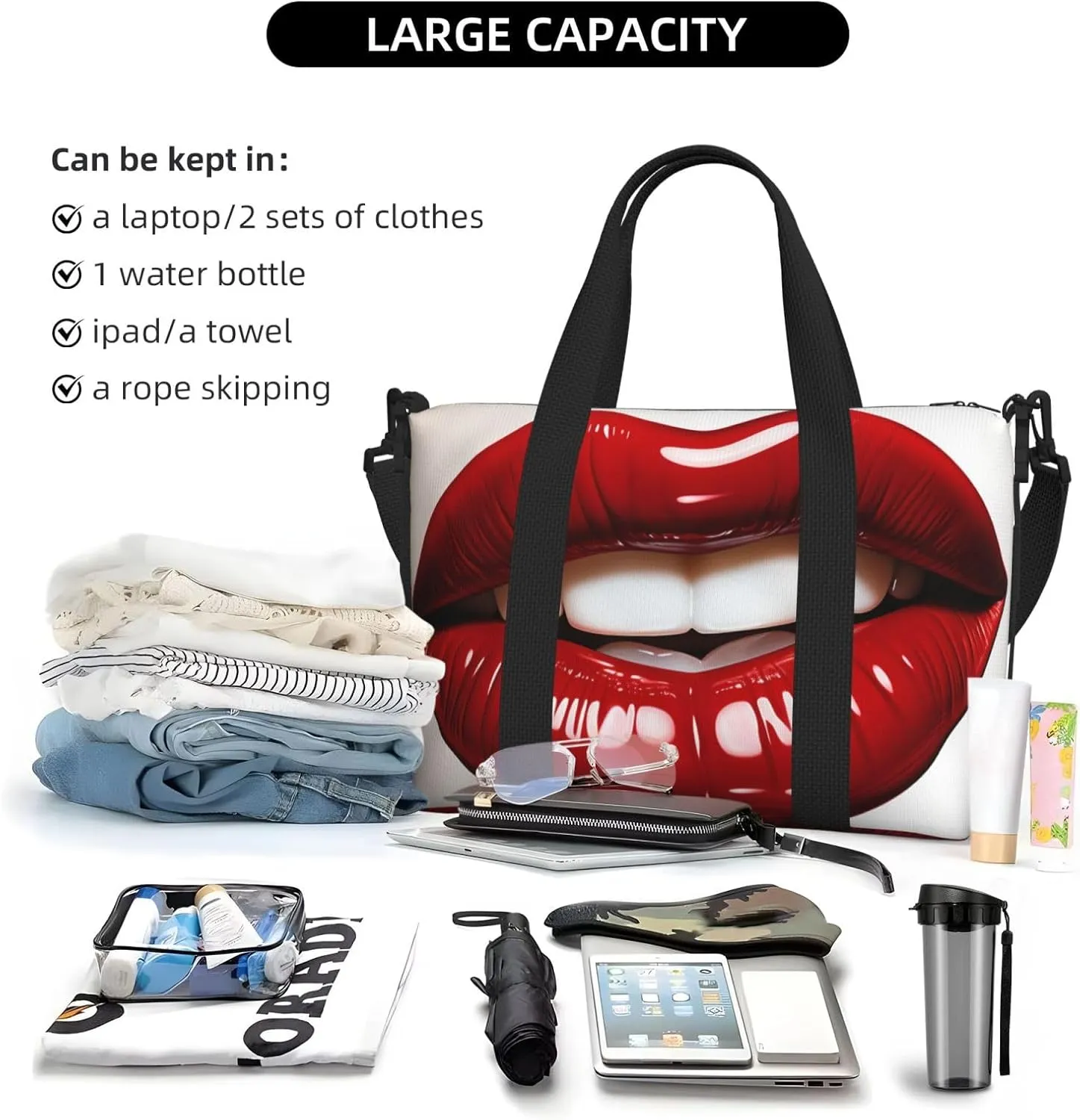 Sports Gym Bag for Women Men Travel Duffel Bag Tote Cute Graphic Red Lips Weekender Bag Canvas Carry on Overnight Bag for Travel Swimming Fitness Workout Sports Duffle Bag