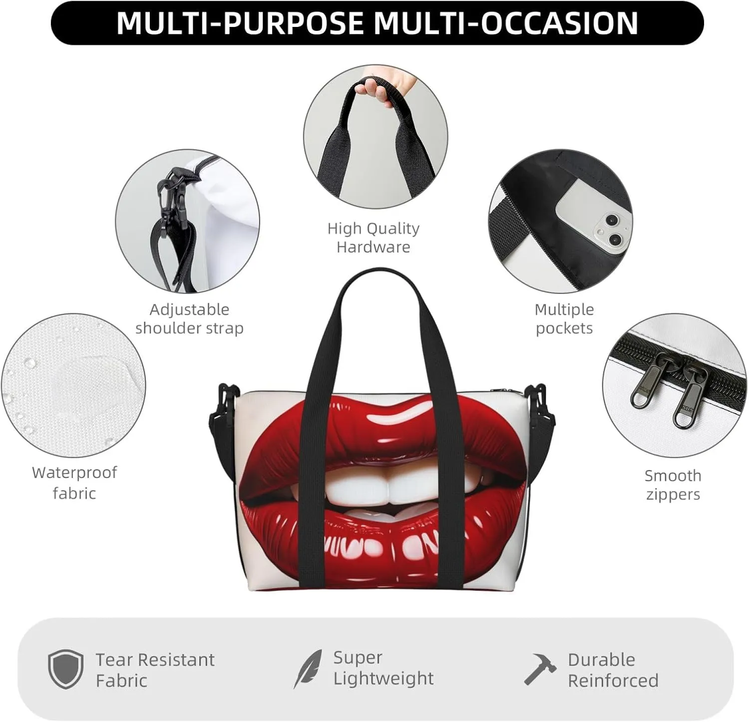 Sports Gym Bag for Women Men Travel Duffel Bag Tote Cute Graphic Red Lips Weekender Bag Canvas Carry on Overnight Bag for Travel Swimming Fitness Workout Sports Duffle Bag