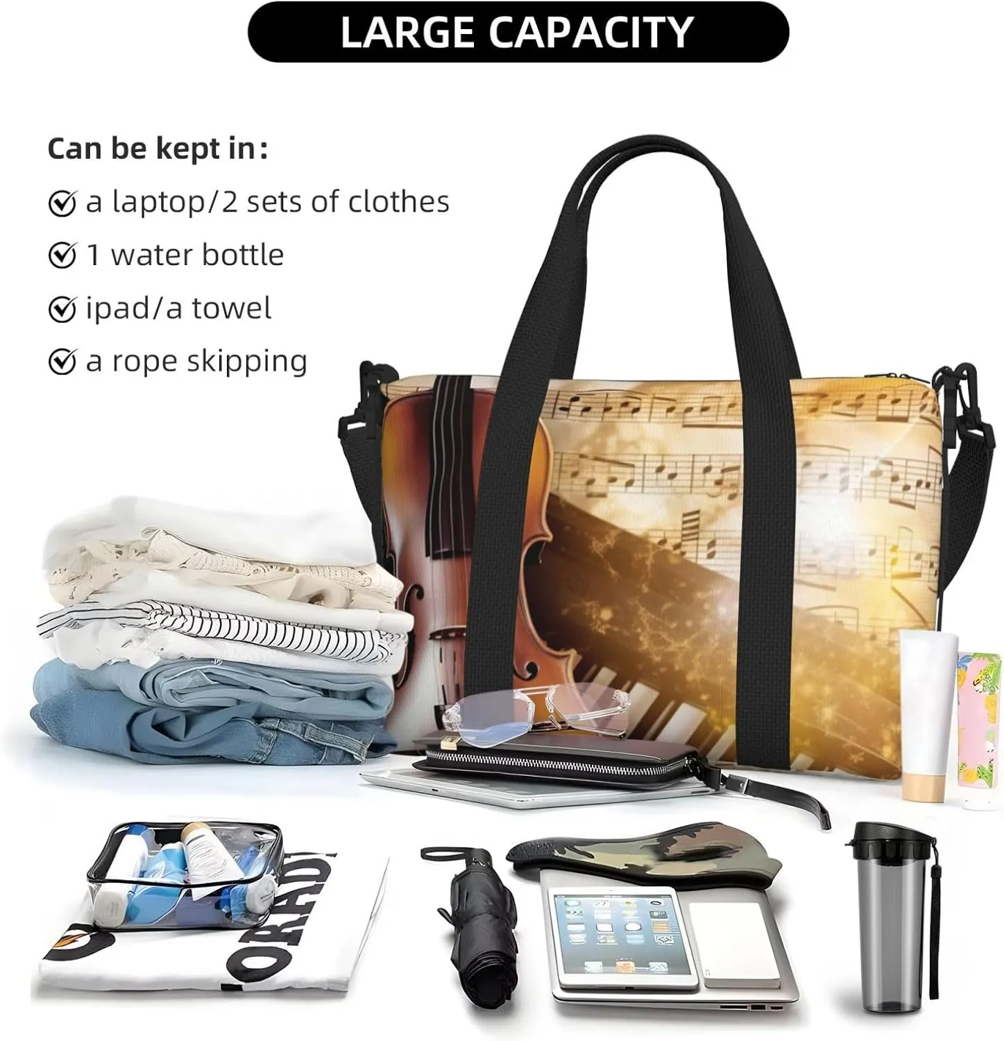 Sports Gym Bag for Women Men Travel Duffel Bag Tote Piano Violin Music Notes Weekender Bag Canvas Carry on Overnight Bag for Travel Swimming Fitness Workout Sports Duffle Bag