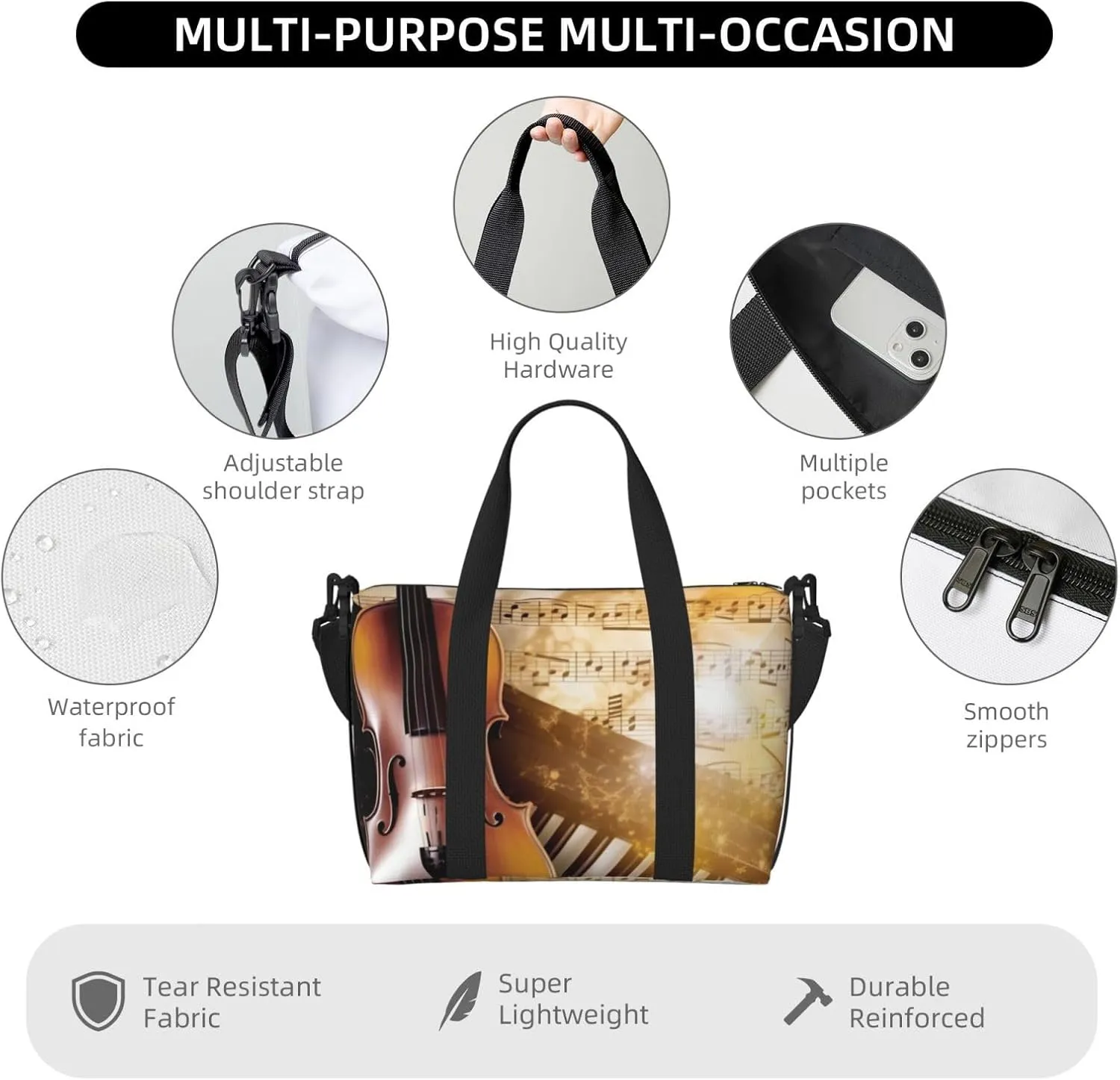 Sports Gym Bag for Women Men Travel Duffel Bag Tote Piano Violin Music Notes Weekender Bag Canvas Carry on Overnight Bag for Travel Swimming Fitness Workout Sports Duffle Bag