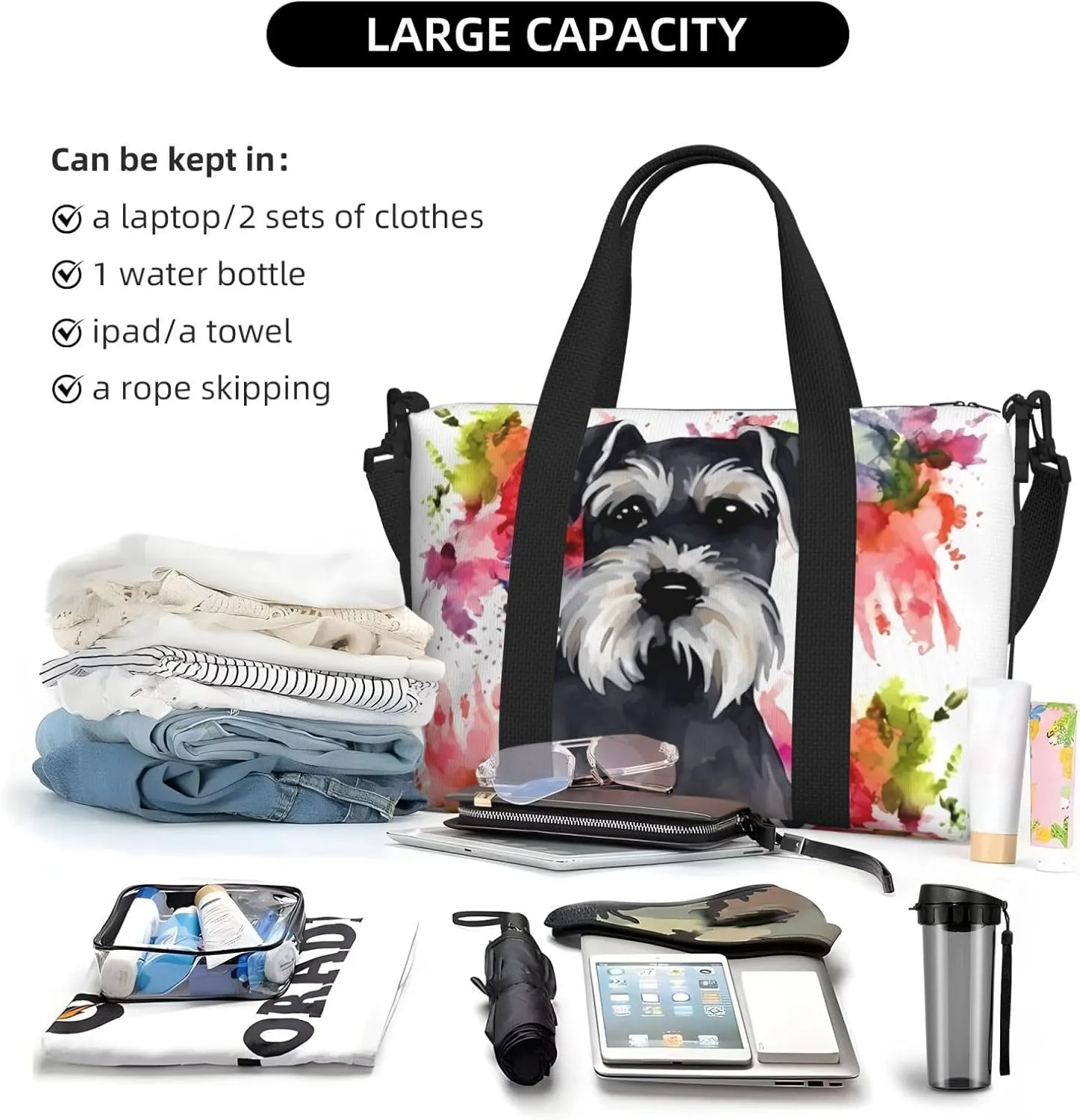 Sports Gym Bag for Women Men Travel Duffel Bag Tote Schnauzer Weekender Bag Canvas Carry on Overnight Bag for Travel Swimming Fitness Workout Sports Duffle Bag