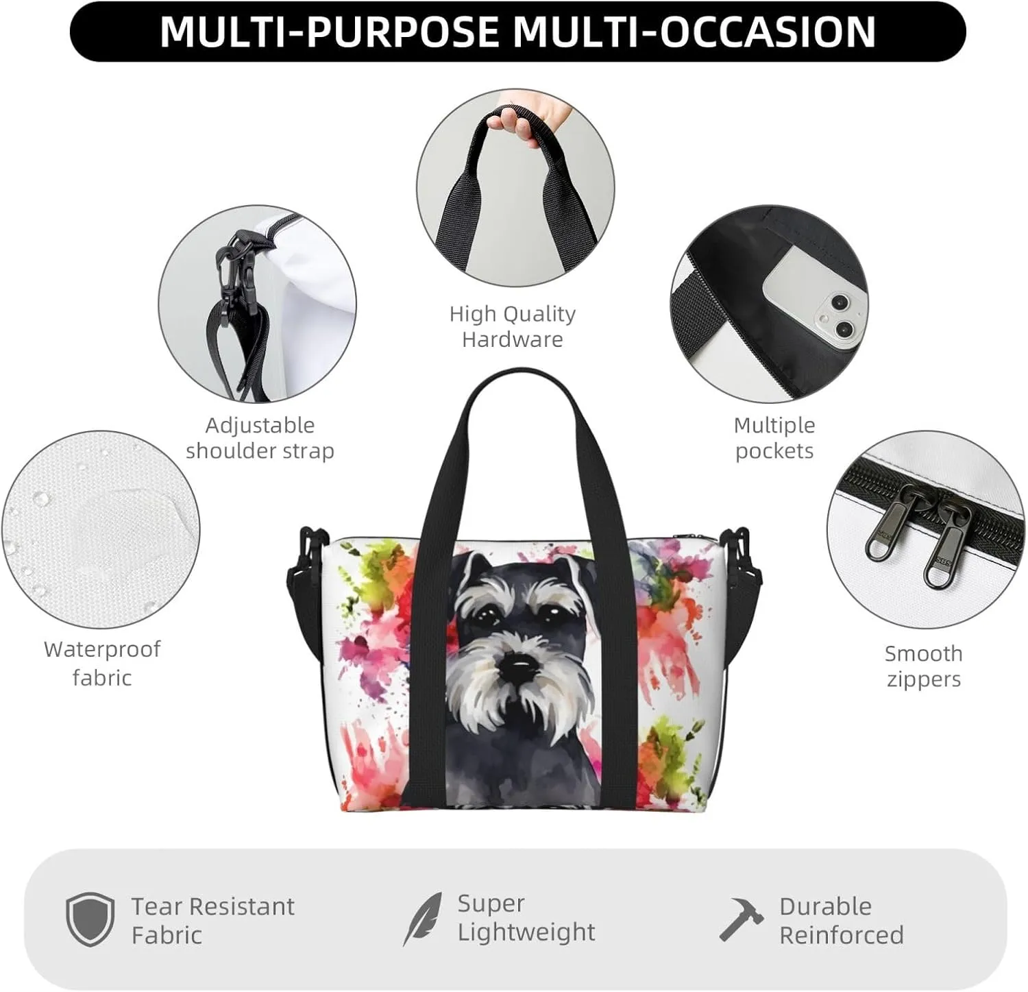 Sports Gym Bag for Women Men Travel Duffel Bag Tote Schnauzer Weekender Bag Canvas Carry on Overnight Bag for Travel Swimming Fitness Workout Sports Duffle Bag