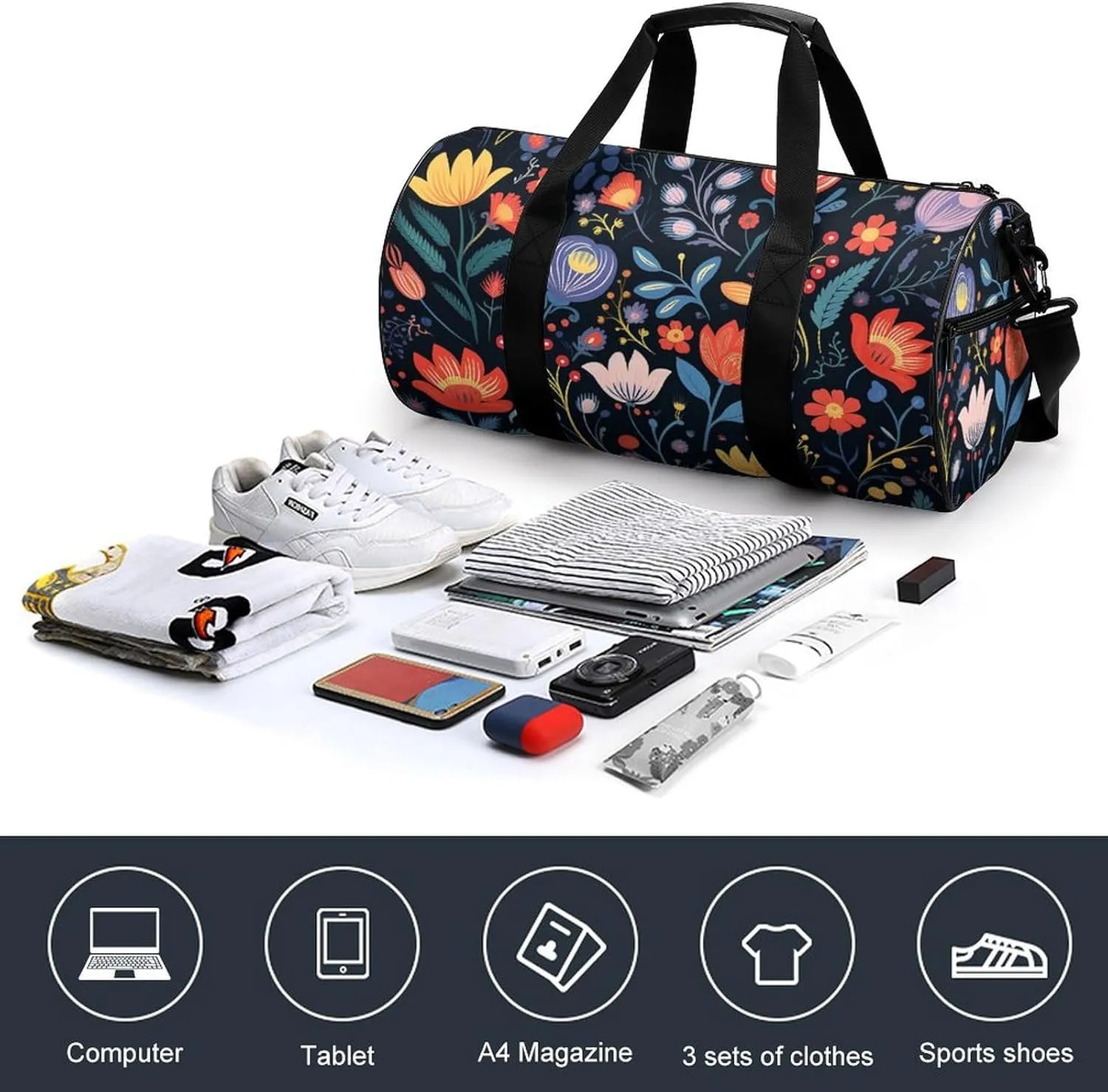 Sports Gym Bag for Women Men Travel Duffel Bag Tote Weekender Bag Bright Flowers Carry on Overnight Bag for Travel Swimming Fitness Workout Sports Duffle Bag